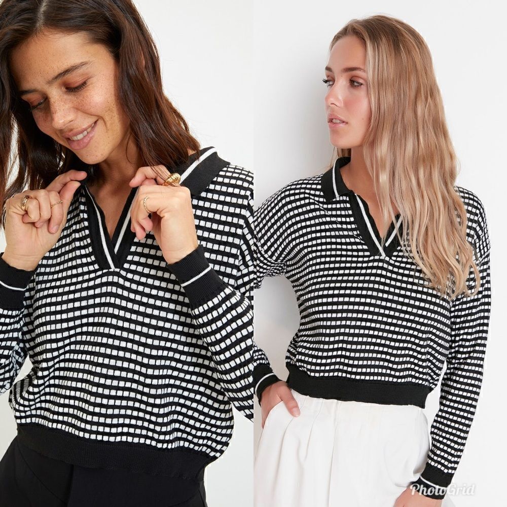 Cato Black and White Polo Collar Sweater with Silver Thread detail